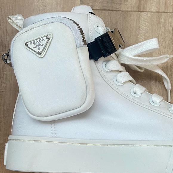 $1370 Prada High Top Sneakers Nylon Zip-Pouch White US 6.5 Women’s 36.5 - Picture 7 of 10